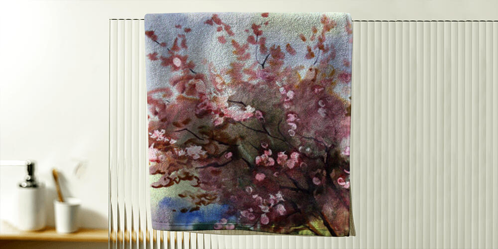 Watercolor painting landscape with blooming spring tree with flowers, 