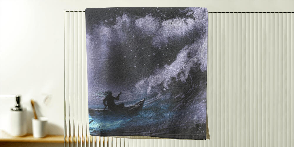 man rowing a magic boat in stormy sea with rogue waves, 