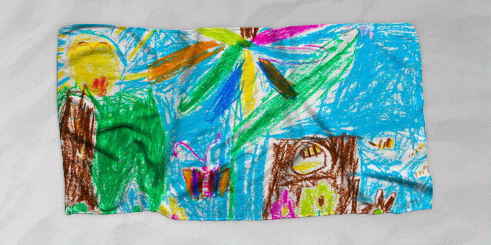 child's drawing - summer lawn with tree and flowers, 