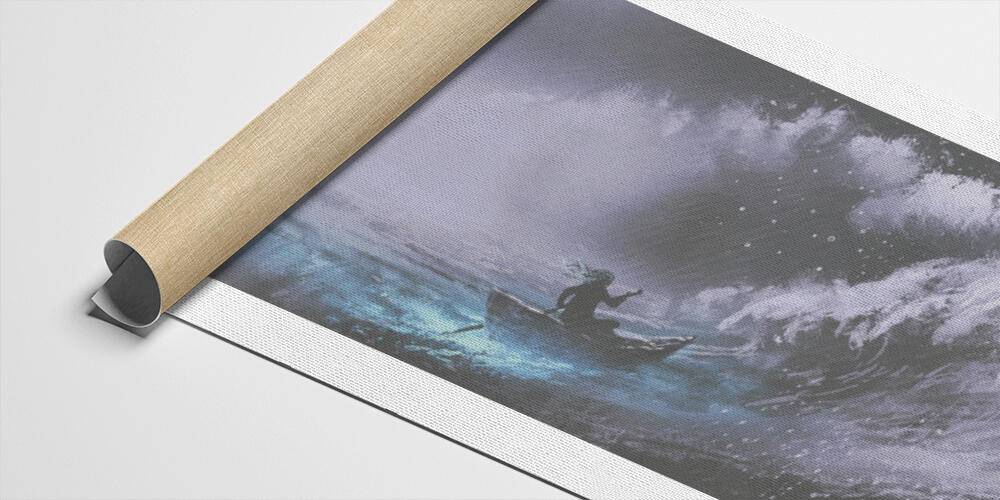 man rowing a magic boat in stormy sea with rogue waves, 