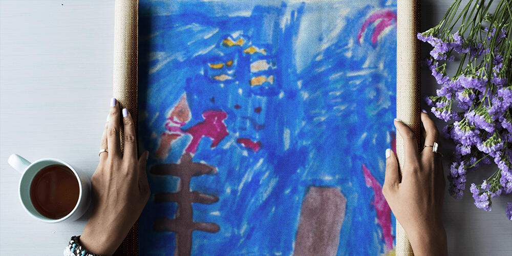 Children's drawing with paints - a ship on the seabed, 