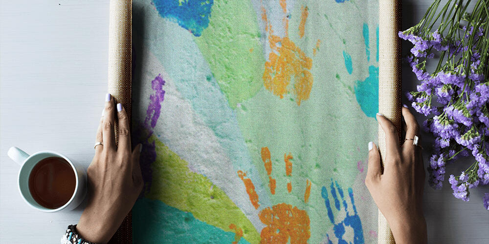 background made from color handprints of kids, 