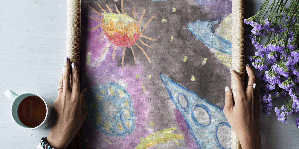 Watercolor children drawing space planet rocket, 