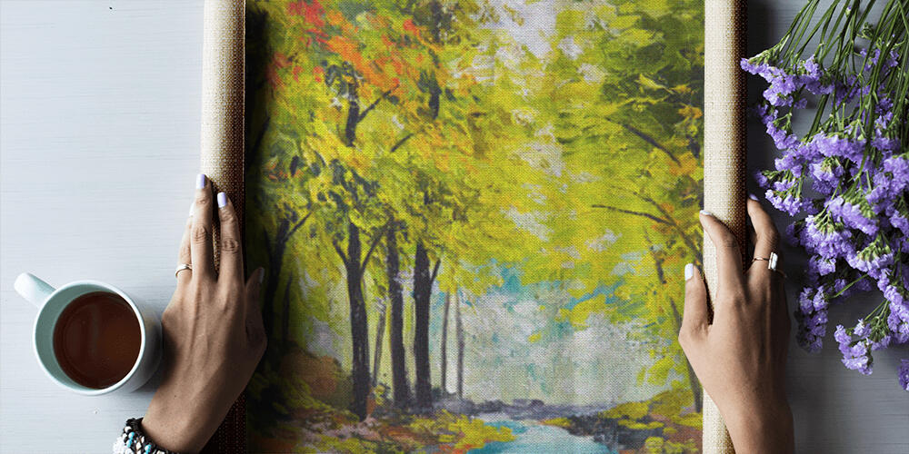 landscape oil painting - river in autumn forest, 