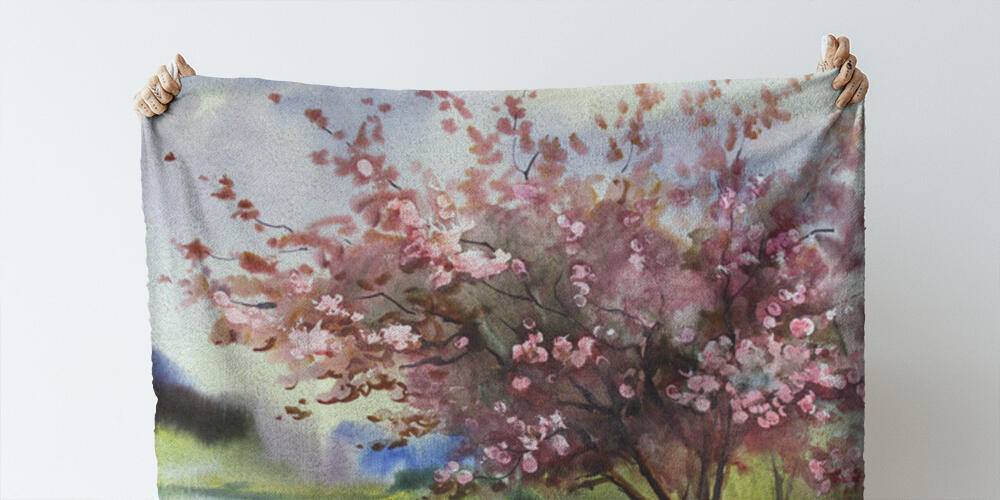 Watercolor painting landscape with blooming spring tree with flowers, 