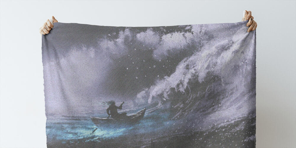 man rowing a magic boat in stormy sea with rogue waves, 