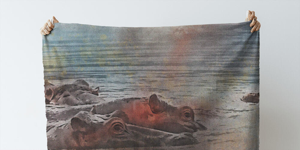 Close hippo or Hippopotamus amphibius in watercolor, 