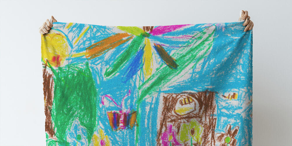 child's drawing - summer lawn with tree and flowers, 