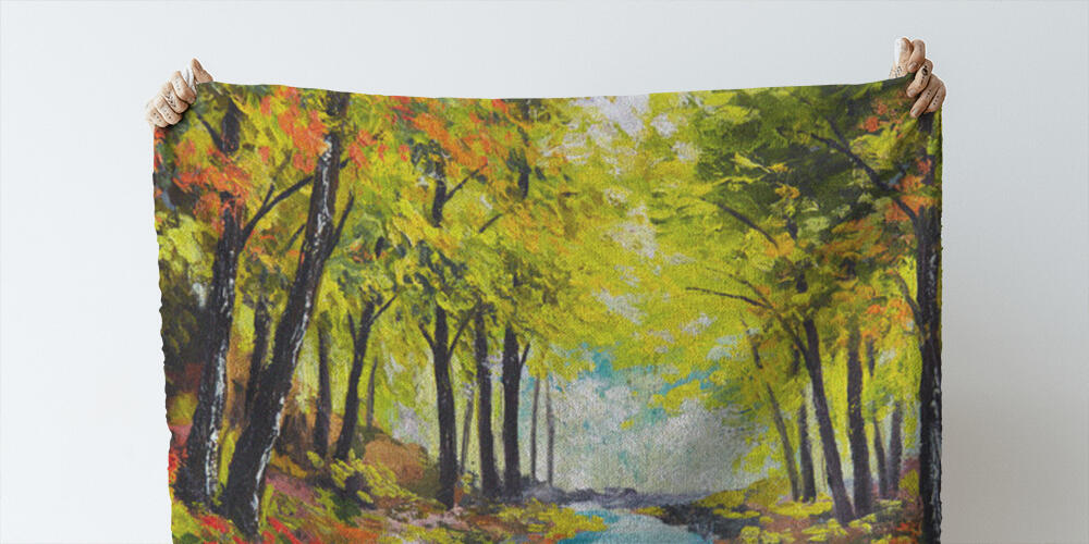 landscape oil painting - river in autumn forest, 