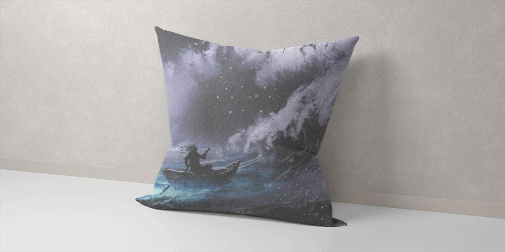 man rowing a magic boat in stormy sea with rogue waves, 