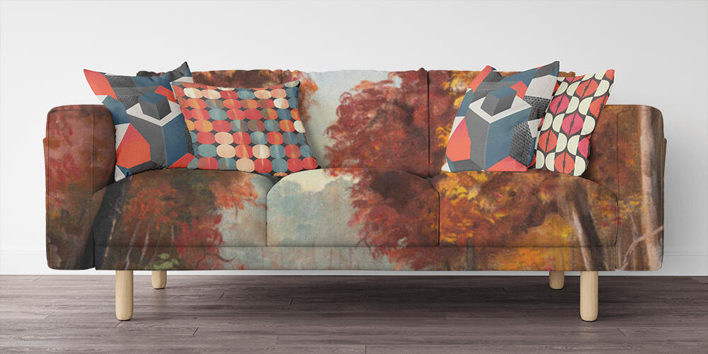 Fragment of vintage painting depicting an autumn colored trees and creek in nature, 