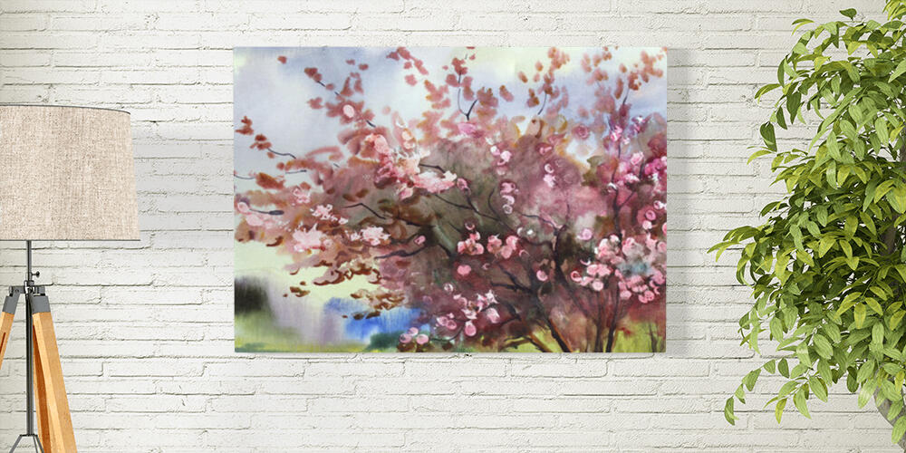 Watercolor painting landscape with blooming spring tree with flowers, 