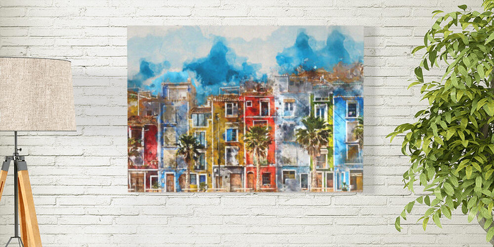 Digital watercolor painting of Villajoyosa town, 