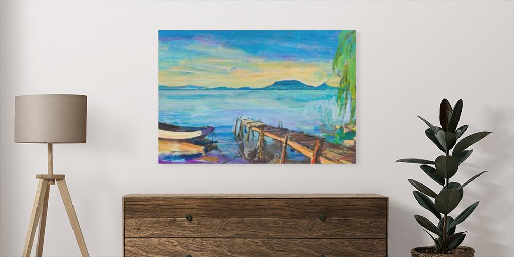 Painting of pier and wooden boat on Balaton lake, 
