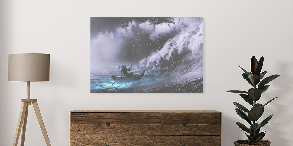 man rowing a magic boat in stormy sea with rogue waves, 