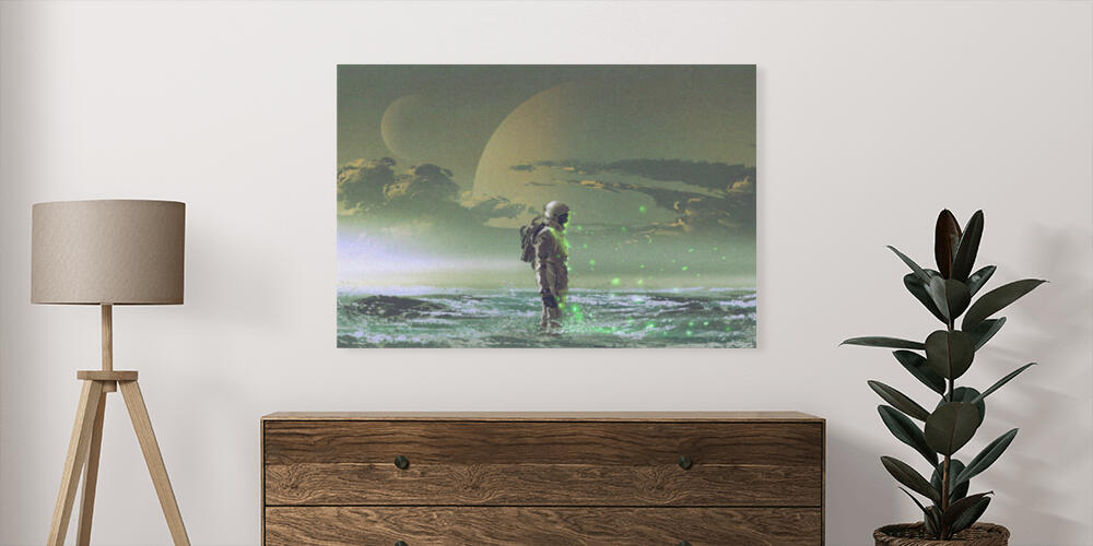 the astronaut standing by the sea against background of the planet, 