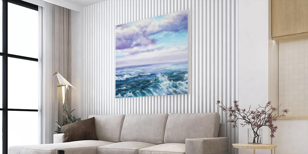 Original oil painting showing waves in  ocean or sea on canvas, 