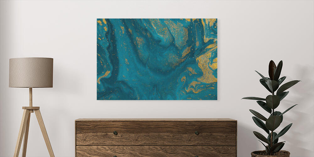 Abstract blue paint background with golden glitter powder, 