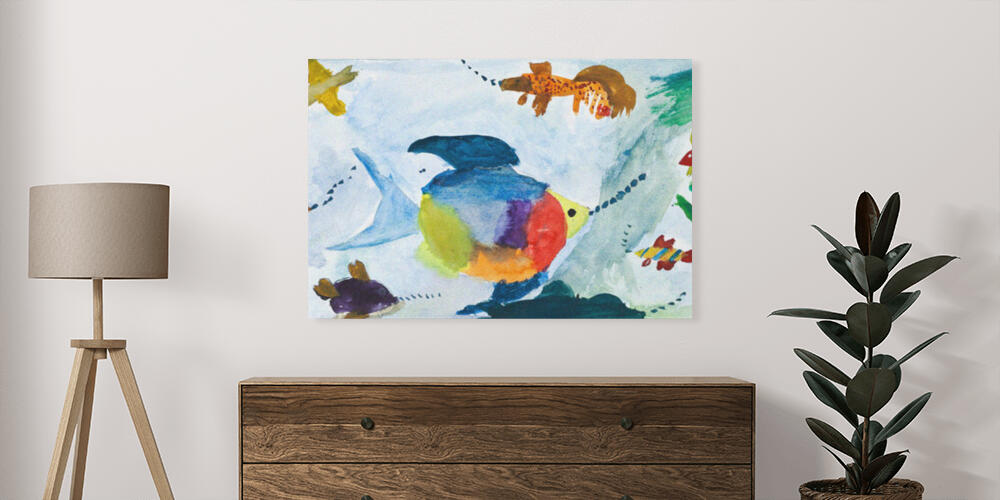 child's painting - fishes in sea, 