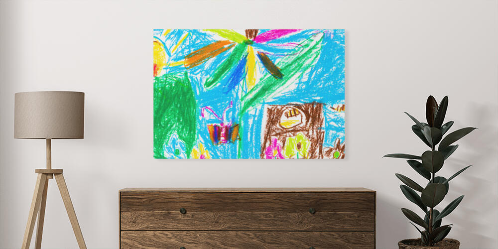 child's drawing - summer lawn with tree and flowers, 