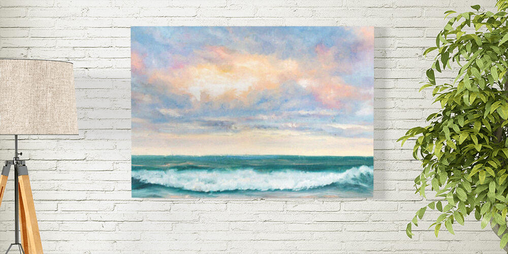 Original  oil painting of beautiful sunset over ocean beach on canvas, 