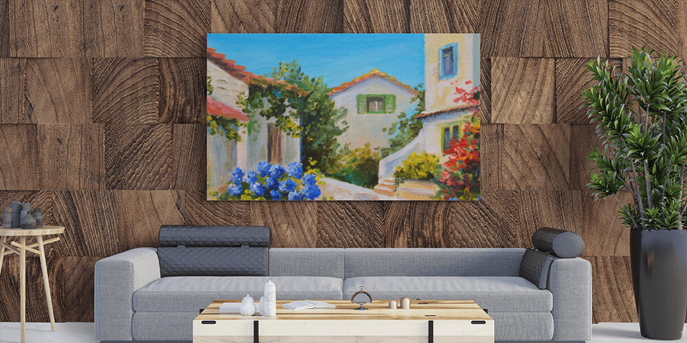 Oil painting on canvas of a beautiful houses near the sea, 