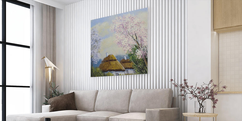 beautiful painting of old Ukrainian village with pastoral landscape, 