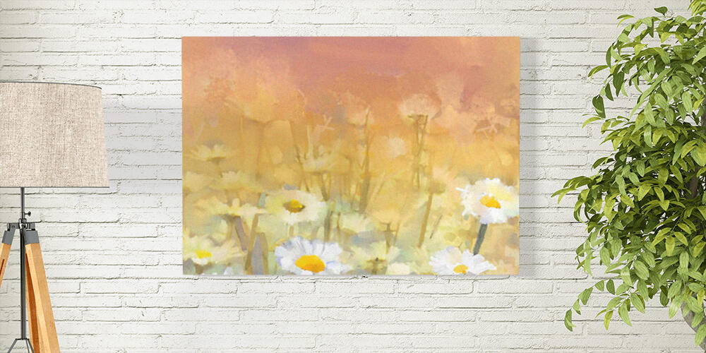 Vintage oil painting daisy-chamomile flowers field at sunrise, 