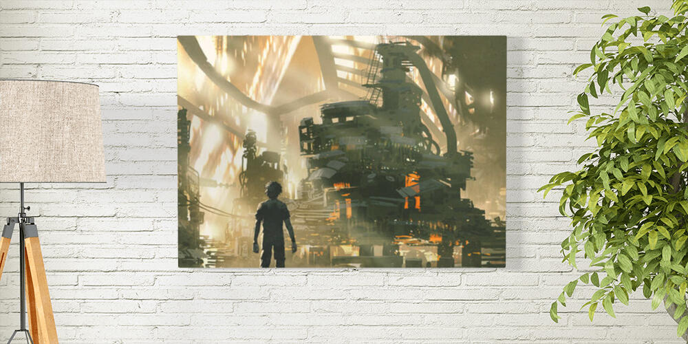 Young man looks at the dieselpunk village full of machines, 