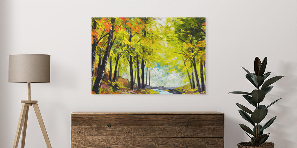 landscape oil painting - river in autumn forest, 