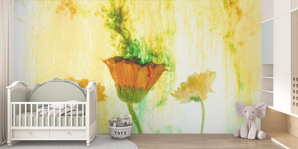 close up view of flowers and yellow paint splashes, Bambini