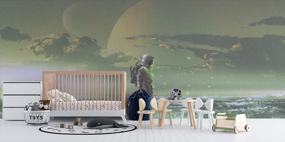 the astronaut standing by the sea against background of the planet, Bambini