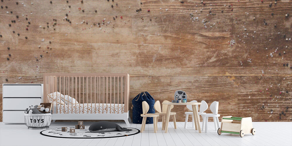 top view of vintage wooden table with scattered peppercorns, Bambini