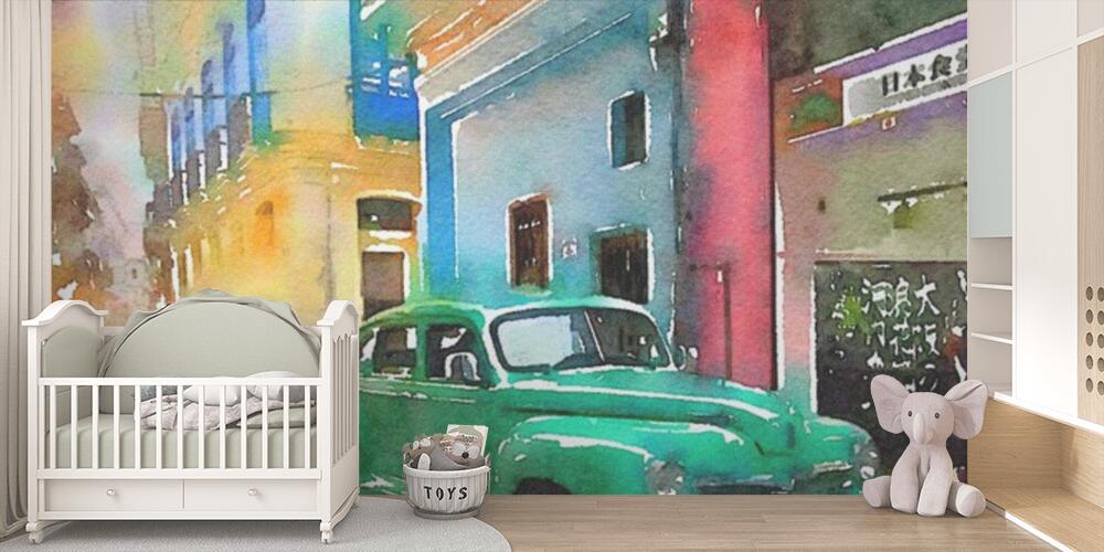 Digital watercolor of green classic american old car in Havana in Cuba, Bambini