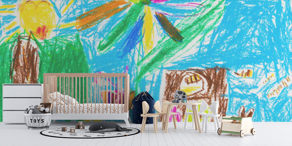 child's drawing - summer lawn with tree and flowers, Bambini