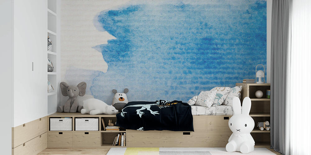 close up view of blue watercolor paint spill on white textured paper background, Bambini