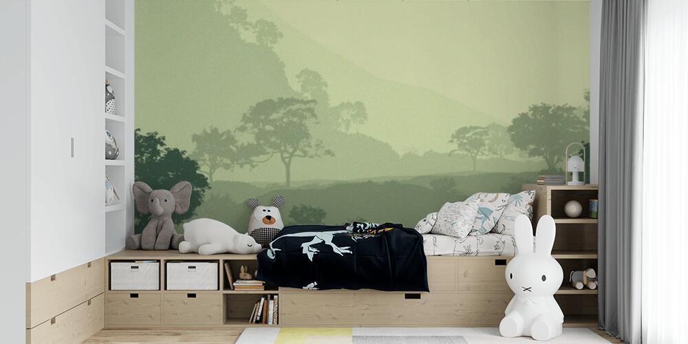 abstract mountains silhouettes with misty woodland trees, Bambini