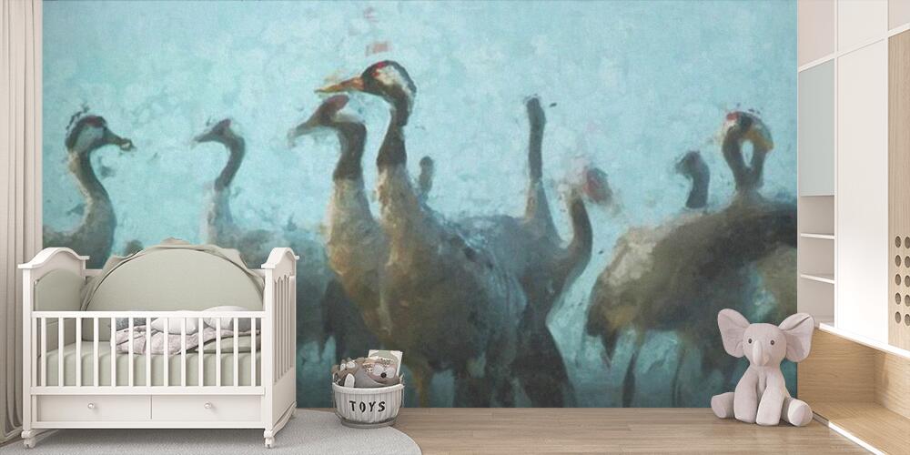 Oil painting of crane birds on autumn migration in Havelland, Bambini