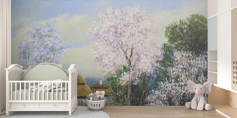 beautiful painting of old Ukrainian village with pastoral landscape, Bambini