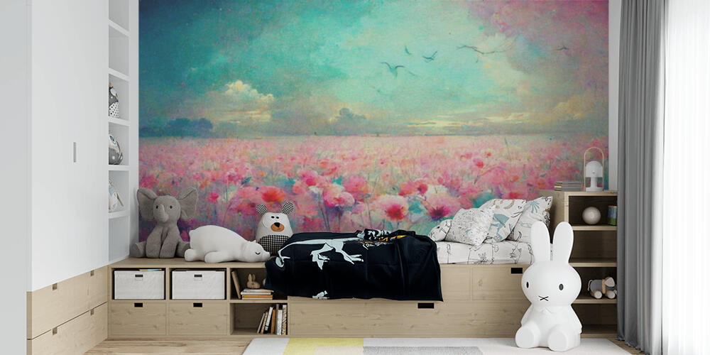 Idyllic meadow with red poppy flowers in the countryside, Bambini