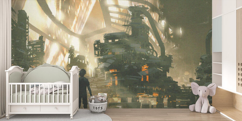 Young man looks at the dieselpunk village full of machines, Bambini