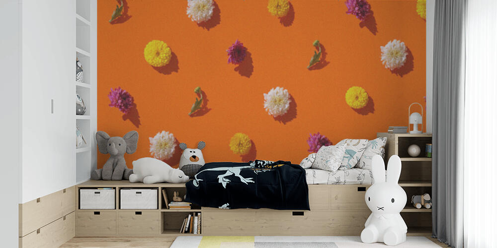 Creative pattern made of chrysanthemum flowers on bright orange background, Bambini