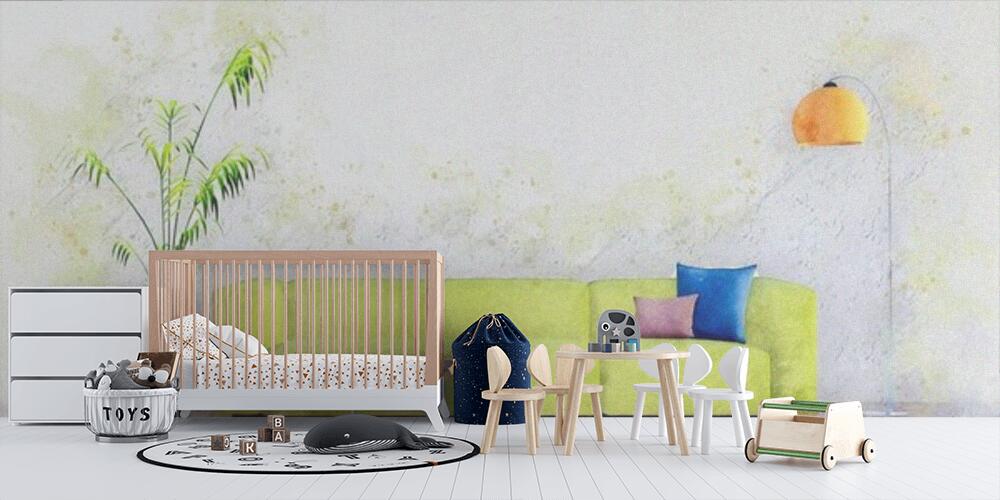 Decorative watercolor sketch of bright minimalist living room interior with sofa, Bambini