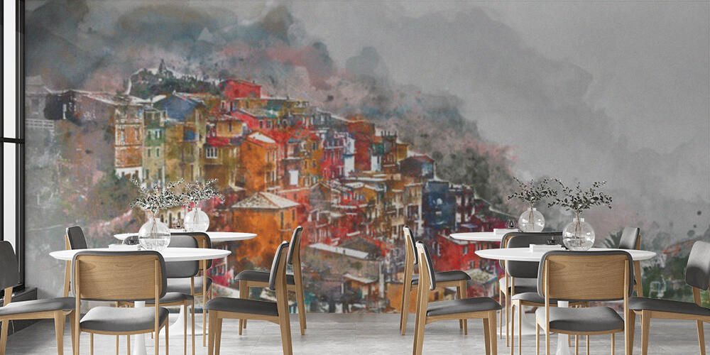 Digital watercolor painting of Manarola, Bar e Ristoranti