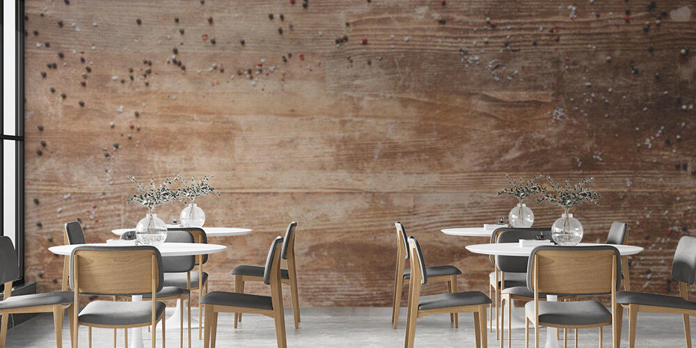 top view of vintage wooden table with scattered peppercorns, Bar e Ristoranti