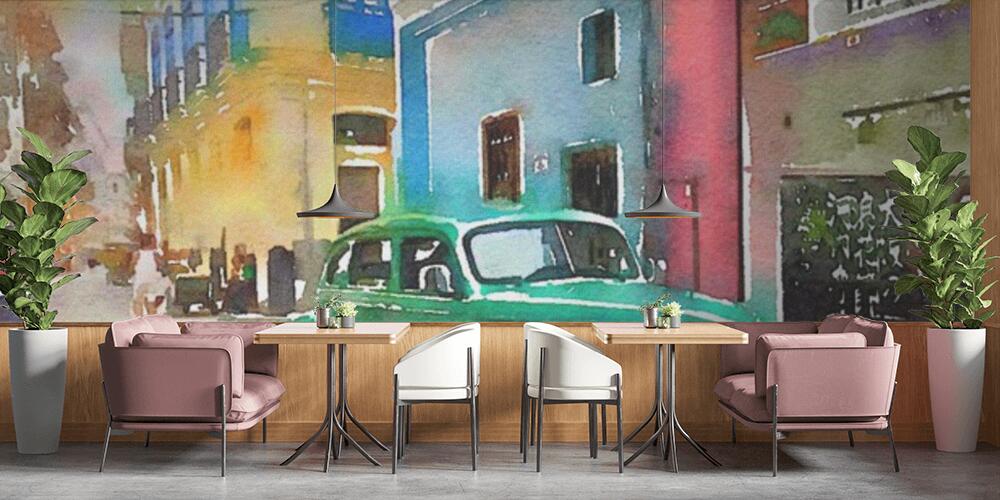 Digital watercolor of green classic american old car in Havana in Cuba, Bar e Ristoranti