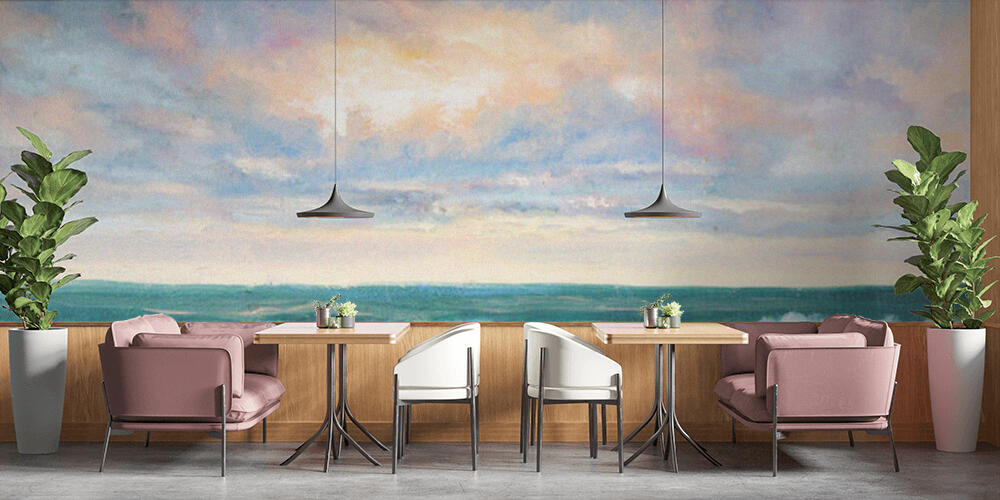 Original  oil painting of beautiful sunset over ocean beach on canvas, Bar e Ristoranti