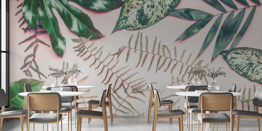 Creative layout made of various tropical palm and fern leaves on pastel pink background, Bar e Ristoranti