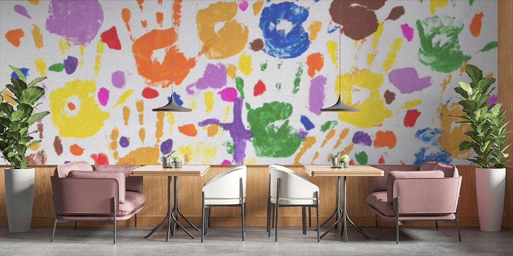 Colored prints of childrens hands on a white canvas, Bar e Ristoranti