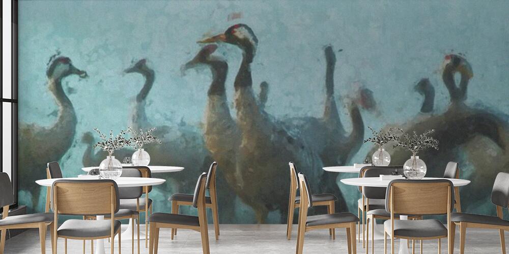 Oil painting of crane birds on autumn migration in Havelland, Bar e Ristoranti